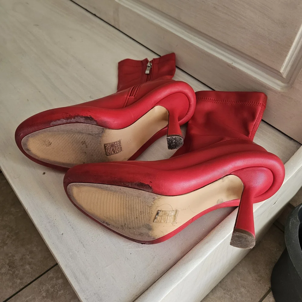 Red Sculpted Heel Sock Boots - Women's Fashion Booties - Picture 4 of 4